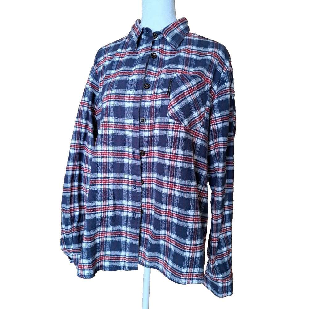 Vermont Flannel Co Women's LARGE Button Up Shirt Red Blue Plaid Heavy Cotton USA